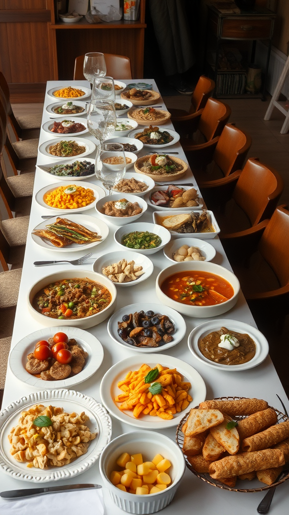 A buffet table filled with various comfort foods including casseroles, salads, and desserts.