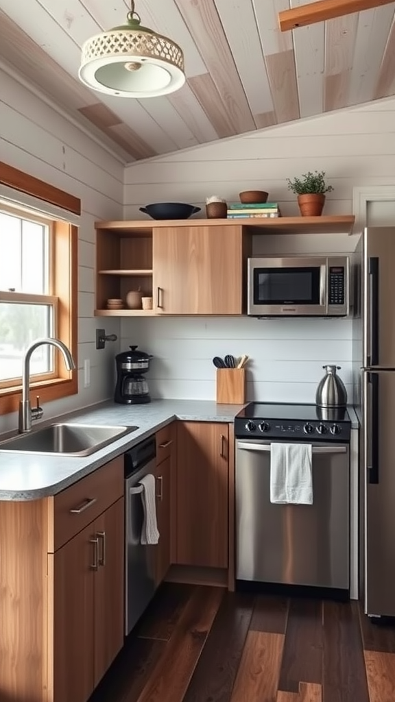 A compact kitchen in a modern small cabin featuring wooden cabinets, a sink, a stove, and ample natural light.