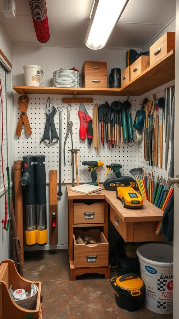 A well-organized tiny garage workshop with tools stored on pegboards and shelves.