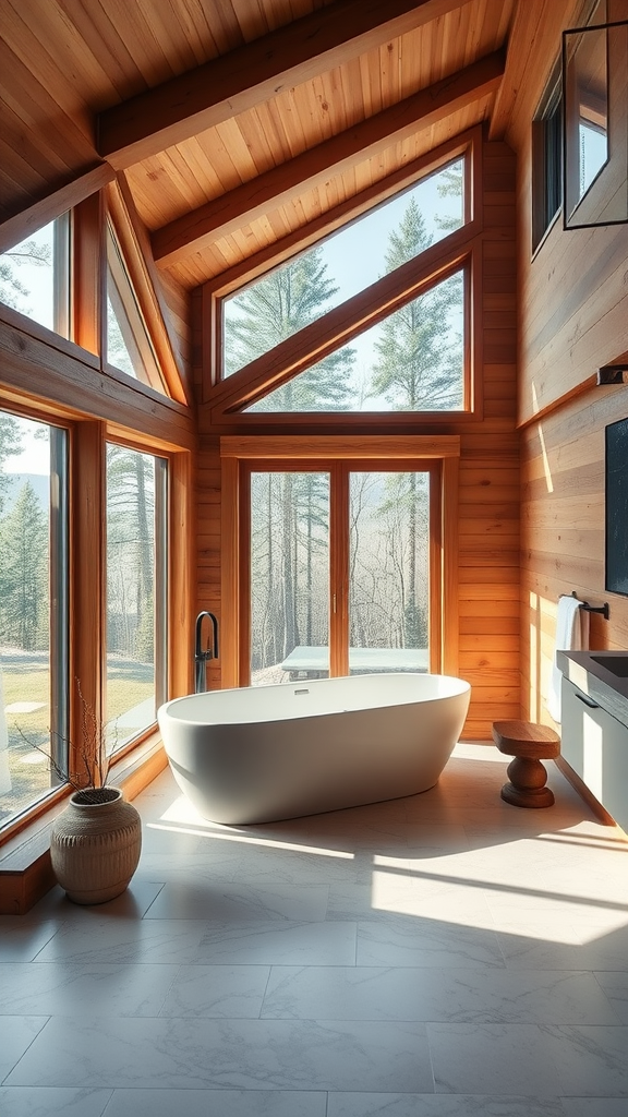 Modern bathroom with large windows, wooden walls, and a freestanding tub.