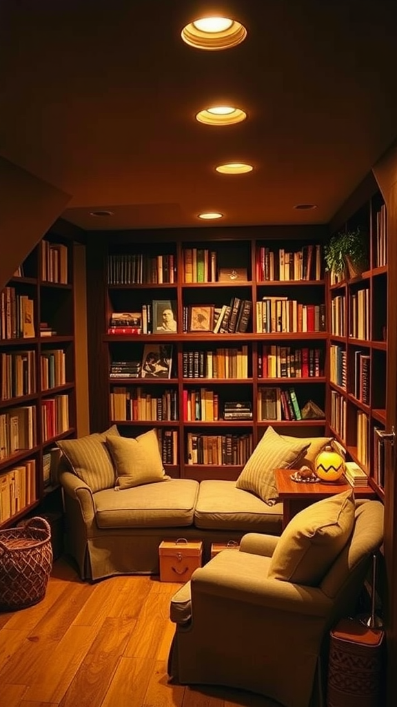 Cozy basement nook with warm lighting and bookshelves