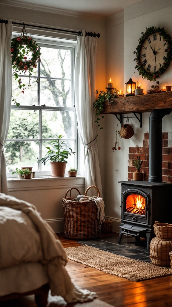 A cozy fireplace corner with a stove, plants, and warm lighting.