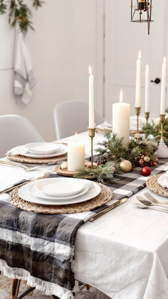 A beautifully set dining table with a flannel table runner, candles, and festive decorations.