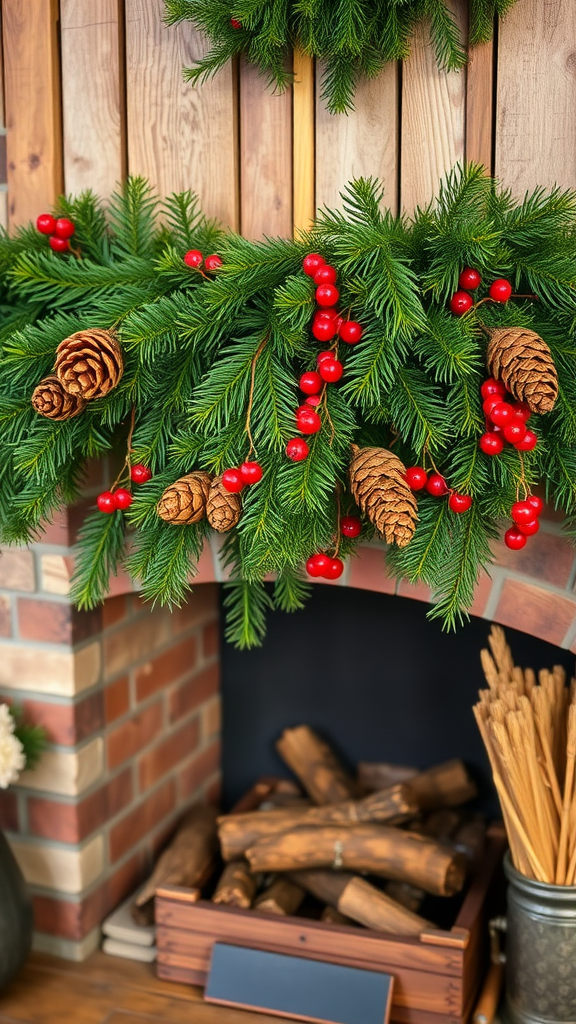 Cozy garland with pinecones and red berries hanging above a fireplace