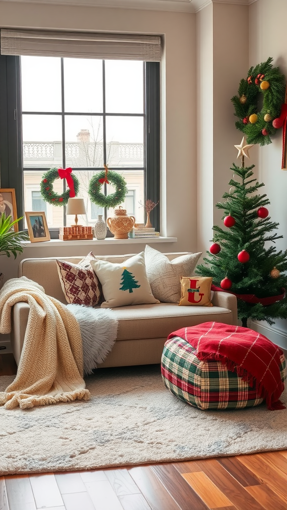 Cozy lounge area with a sofa, holiday decorations, and a tree.