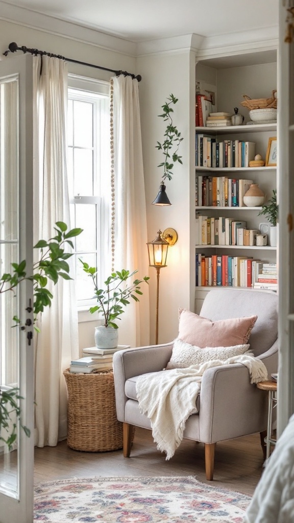 A cozy reading nook with a plush chair, bookshelves, and plants.