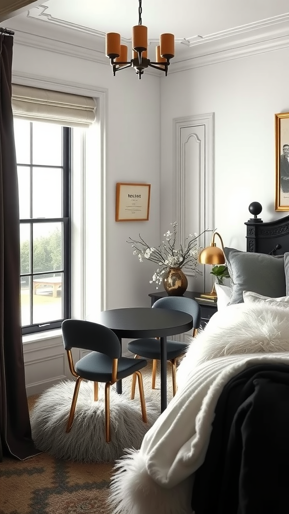 A cozy reading nook in a black and gold bedroom featuring a small table and chairs by a window.