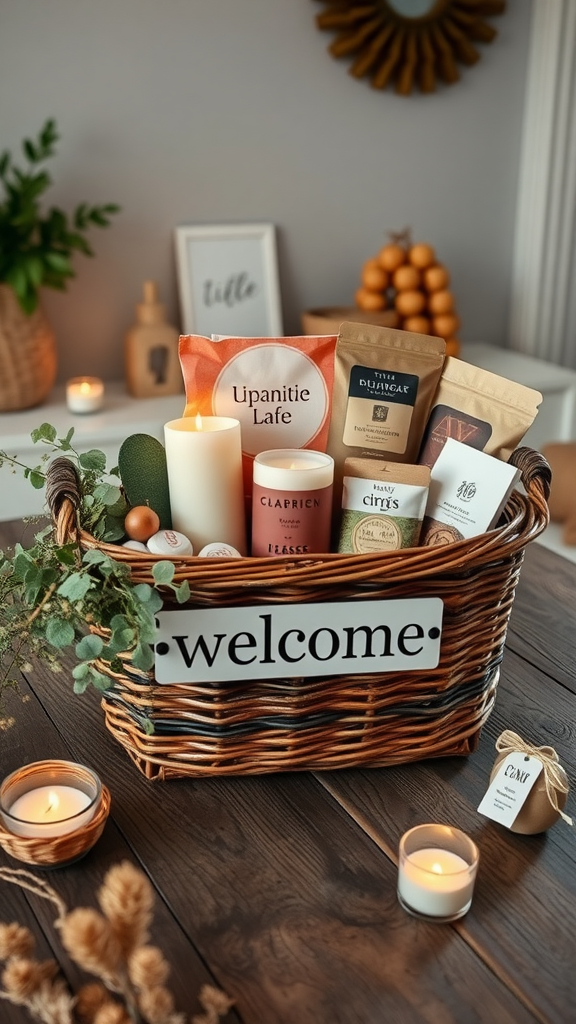 A beautifully arranged welcome basket with candles, snacks, and decorative items.