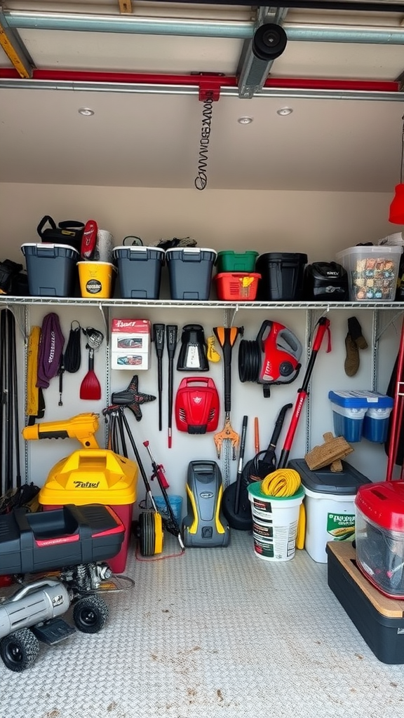 Organized garage with seasonal items and tools neatly arranged.