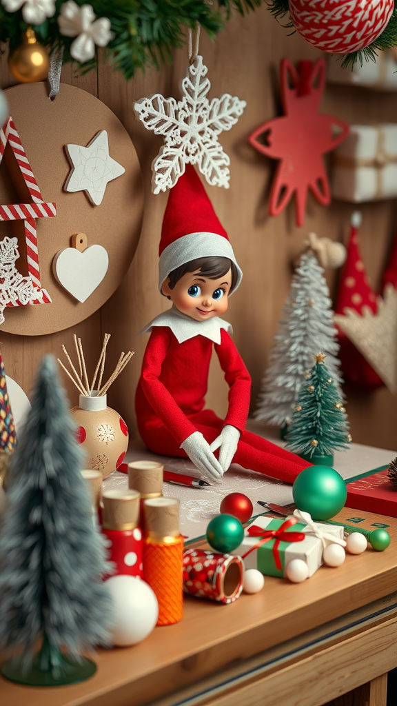 A cheerful elf doll in a festive workshop surrounded by holiday decorations and gifts.