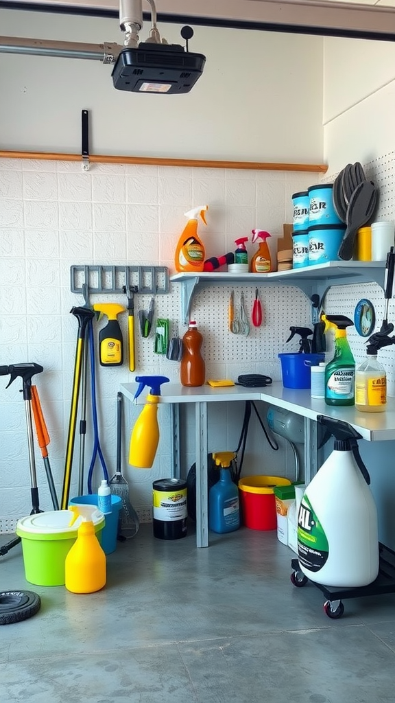 Organized cleaning supplies in a garage with shelving and hooks.