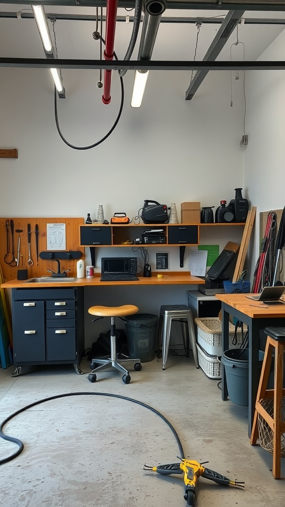 A small garage workshop with organized tools, a workbench, and cleaning equipment.