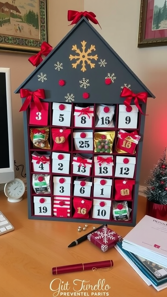 A creative advent calendar designed like a house, featuring numbered doors and festive decorations.