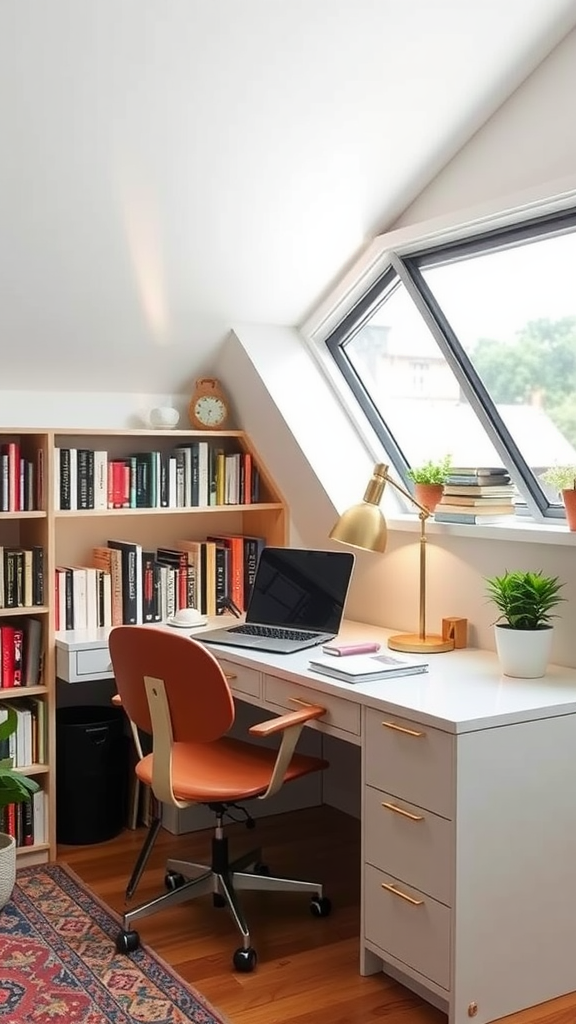 A cozy loft nook featuring a desk, bookshelves, and natural light.