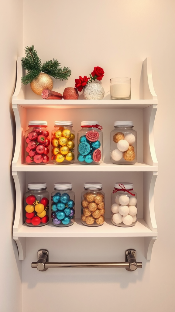 A shelf displaying various colorful ornaments in jars, with decorative elements like flowers and a candle.