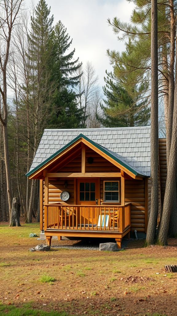 Tiny cabin with a gable roof and wooden porch surrounded by trees.