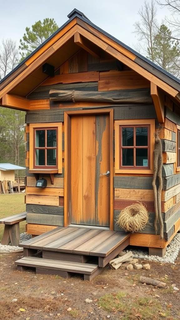 Tiny cabin made from reclaimed wood with a welcoming design