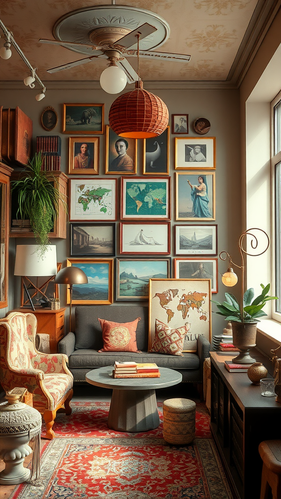 A cozy living room with cultural decor including framed art, plants, and a stylish sofa.