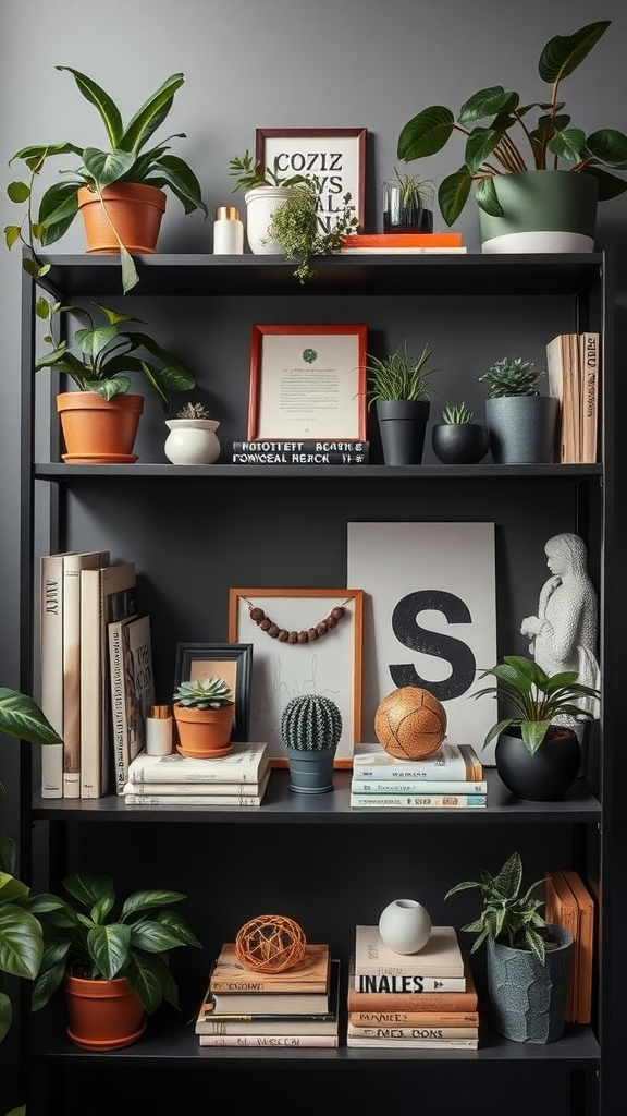 A well-organized shelf displaying various plants, books, and decorative items.