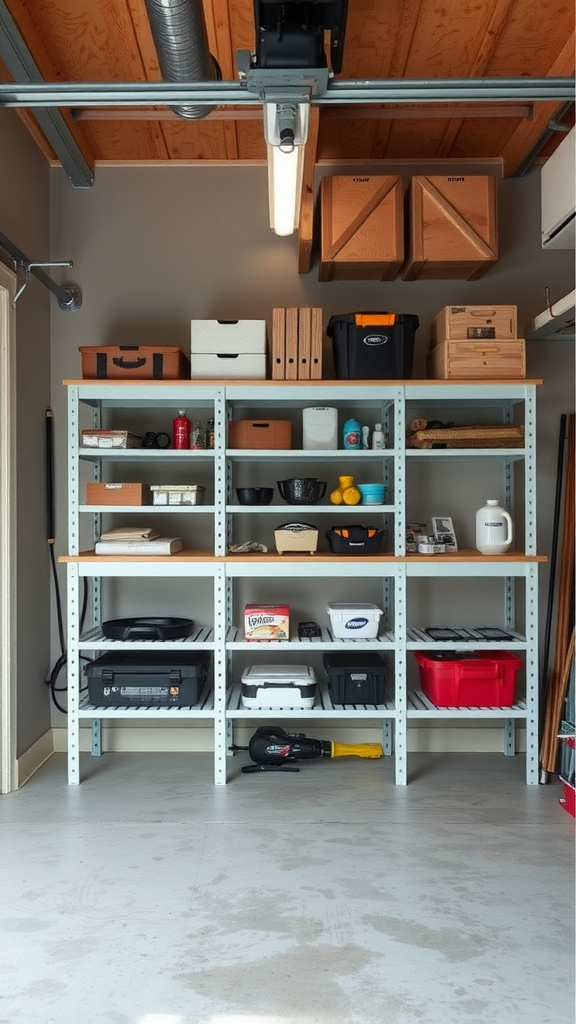 A tidy garage workshop featuring customized shelving units filled with various storage boxes and tools.