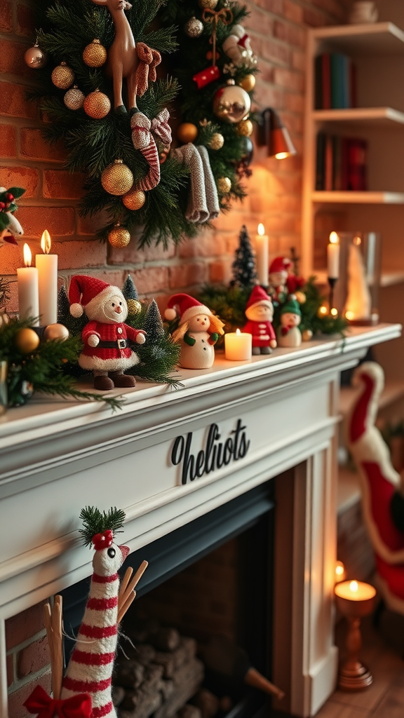 A cozy holiday scene featuring cute figurines on a mantel, surrounded by candles and a wreath.