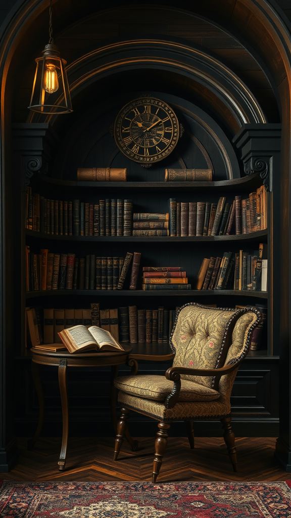 Cozy reading nook with a vintage chair, a small table, and a bookshelf filled with old books, illuminated by a warm lamp.