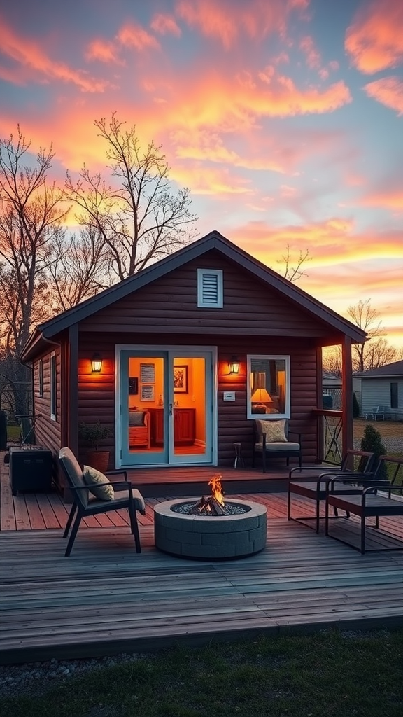 A tiny cabin with a deck, fire pit, and beautiful sunset sky.