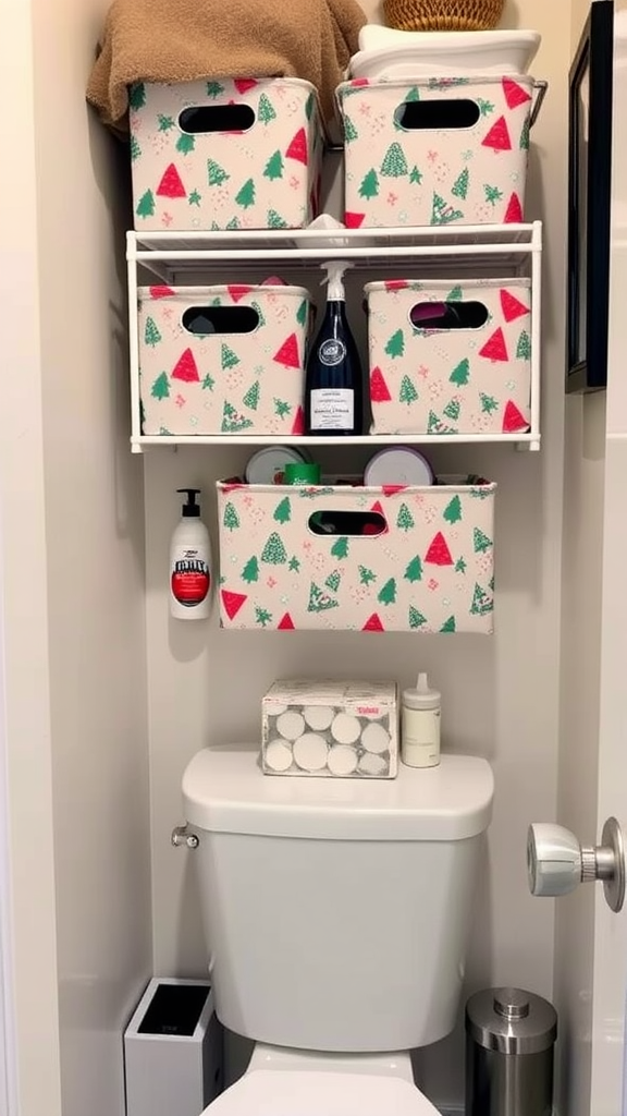 A bathroom shelf with decorative storage bins in festive patterns, neatly organized above a toilet.