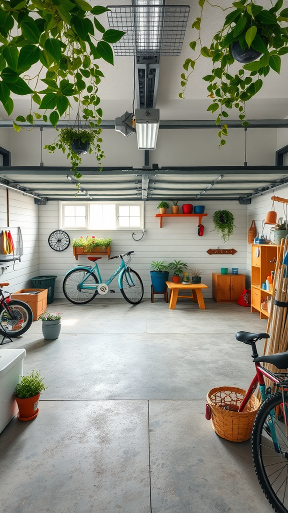 A well-organized garage with designated areas for bikes, plants, and tools.