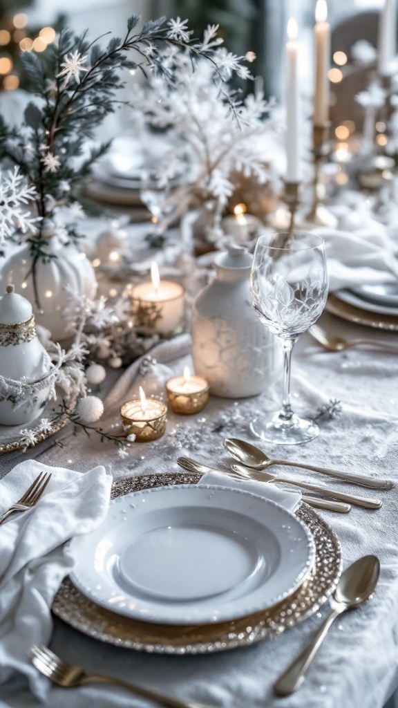 A beautifully arranged Christmas table setting with white and gold decorations, candles, and snowflake accents.