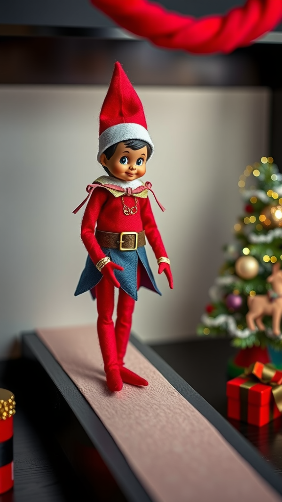 A cheerful elf doll in a playful outfit standing on a runway next to a decorated Christmas tree.