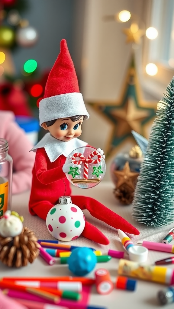 A cheerful elf doll sitting at a table with holiday craft supplies, making ornaments.