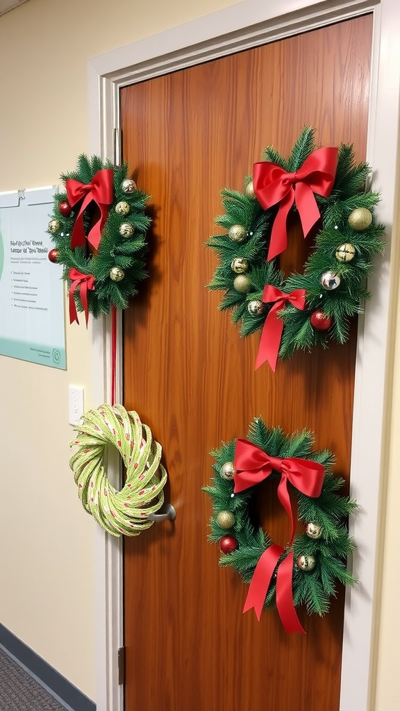 A door adorned with four holiday wreaths, showcasing festive colors and decorations.