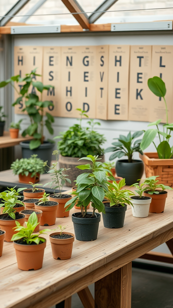 A wooden table with various small potted plants and gardening supplies.