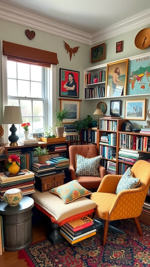 Cozy reading nook filled with books and eclectic decor