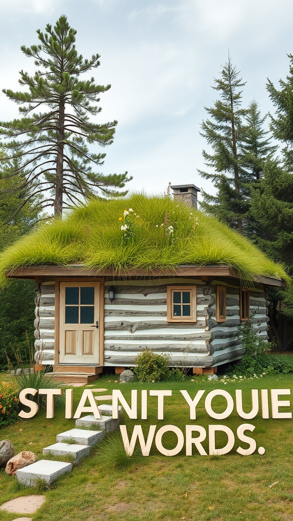 A tiny cabin with a lush green roof surrounded by trees and a stone pathway.