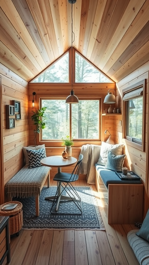 A cozy modern cabin interior featuring wooden walls, a round table, and comfortable seating.