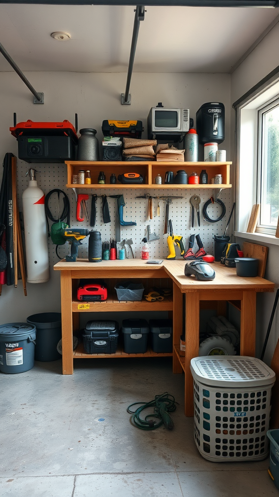 A small garage workshop with a wooden workbench, pegboard storage, and organized tools.