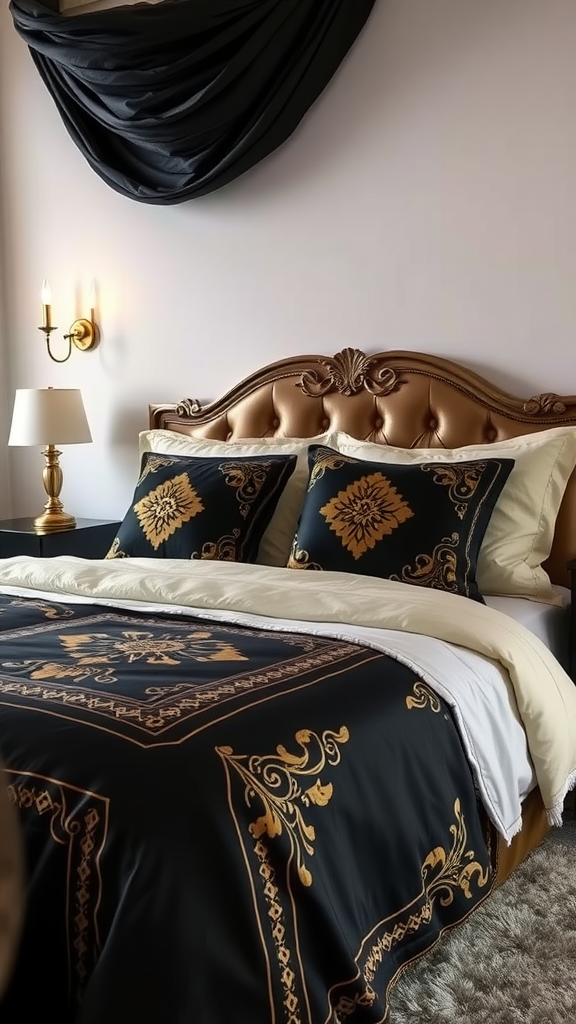 A beautifully styled black and gold bedroom featuring elegant bedding and a plush headboard.