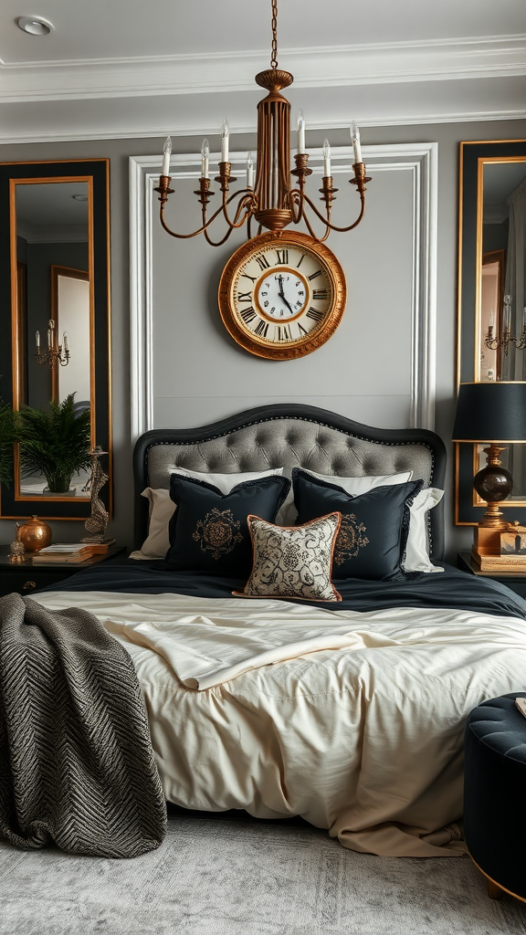 A stylish black and gold themed bedroom featuring a luxurious bed, elegant chandelier, and decorative elements.