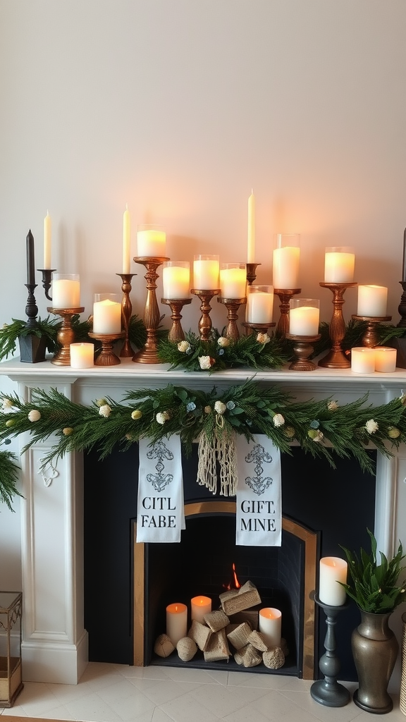 A beautifully arranged display of candles on a mantel, surrounded by greenery and decorative elements.