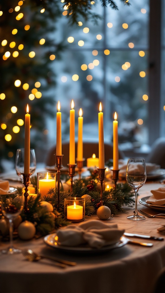 A beautifully arranged table with candles and Christmas decorations, creating a warm atmosphere.