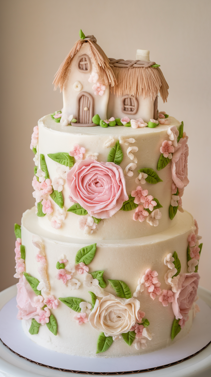 A two-tiered cake decorated with beautiful floral designs and a small house on top.