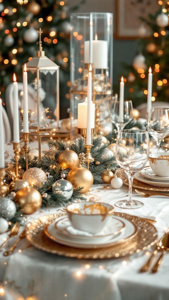 Christmas table set with gold and white decorations, candles, and ornaments