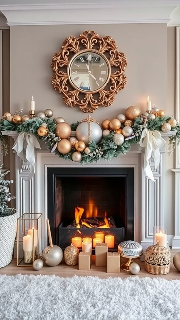 A beautifully decorated fireplace with silver and gold ornaments, candles, and greenery.