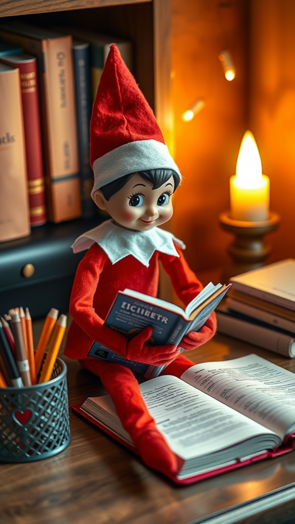 A cheerful elf doll reading a book at a study desk with a candle and books in the background.