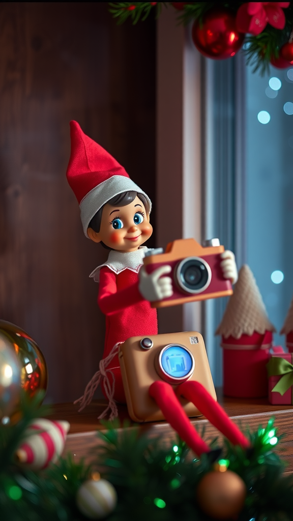 A cheerful elf doll holding a camera, surrounded by holiday decorations.