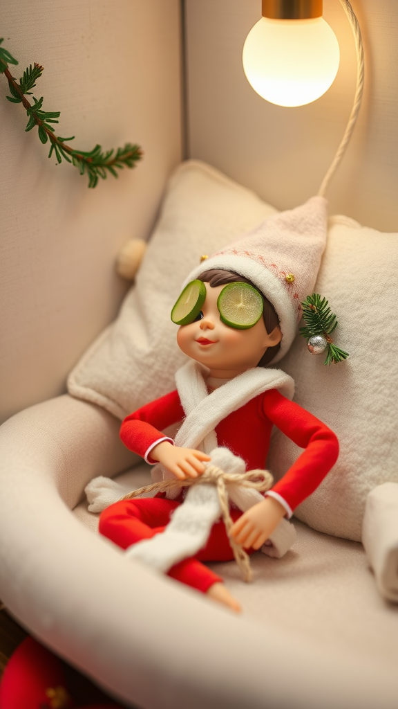 A doll dressed as an elf relaxing in a spa setting with cucumber slices on her eyes.