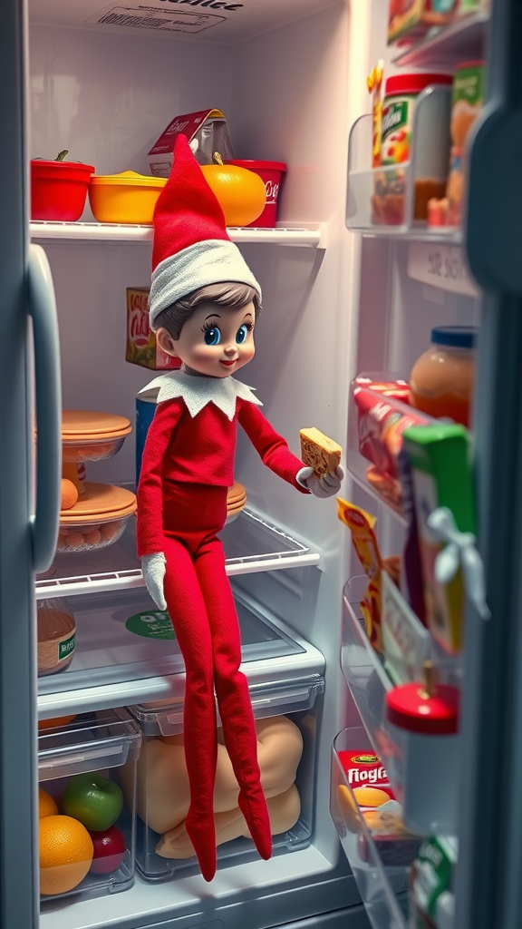 A cheerful elf doll sitting in a refrigerator holding a snack surrounded by various food items.