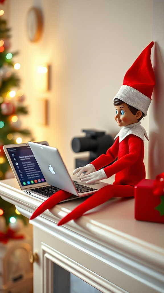 A Christmas elf sitting at a laptop with colorful lights in the background